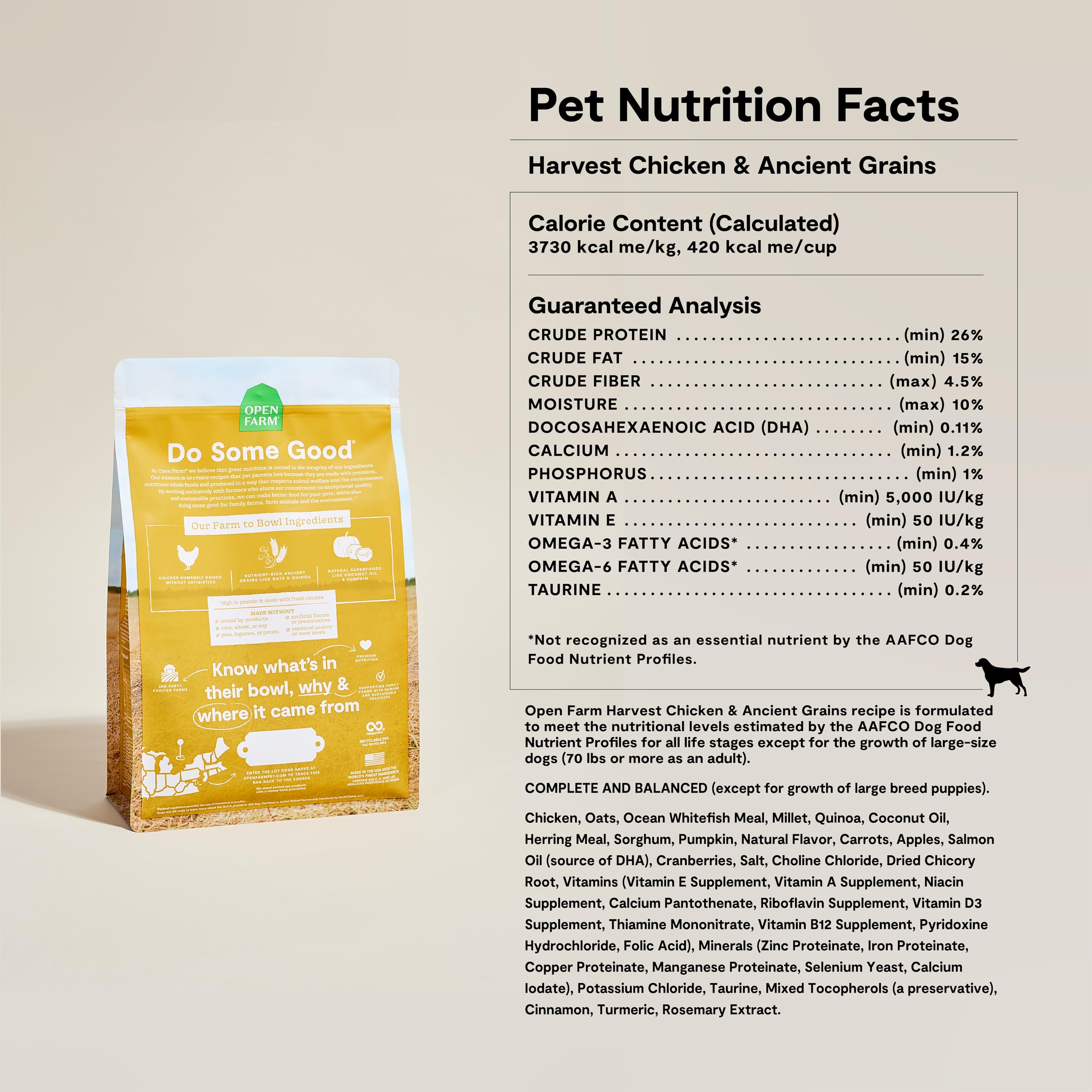Open Farm: lista de ingredientes rastreables para perro.
