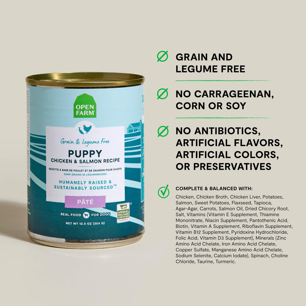 Open Farm lata cachorro con ingredientes principales de alta calidad para crecer sano