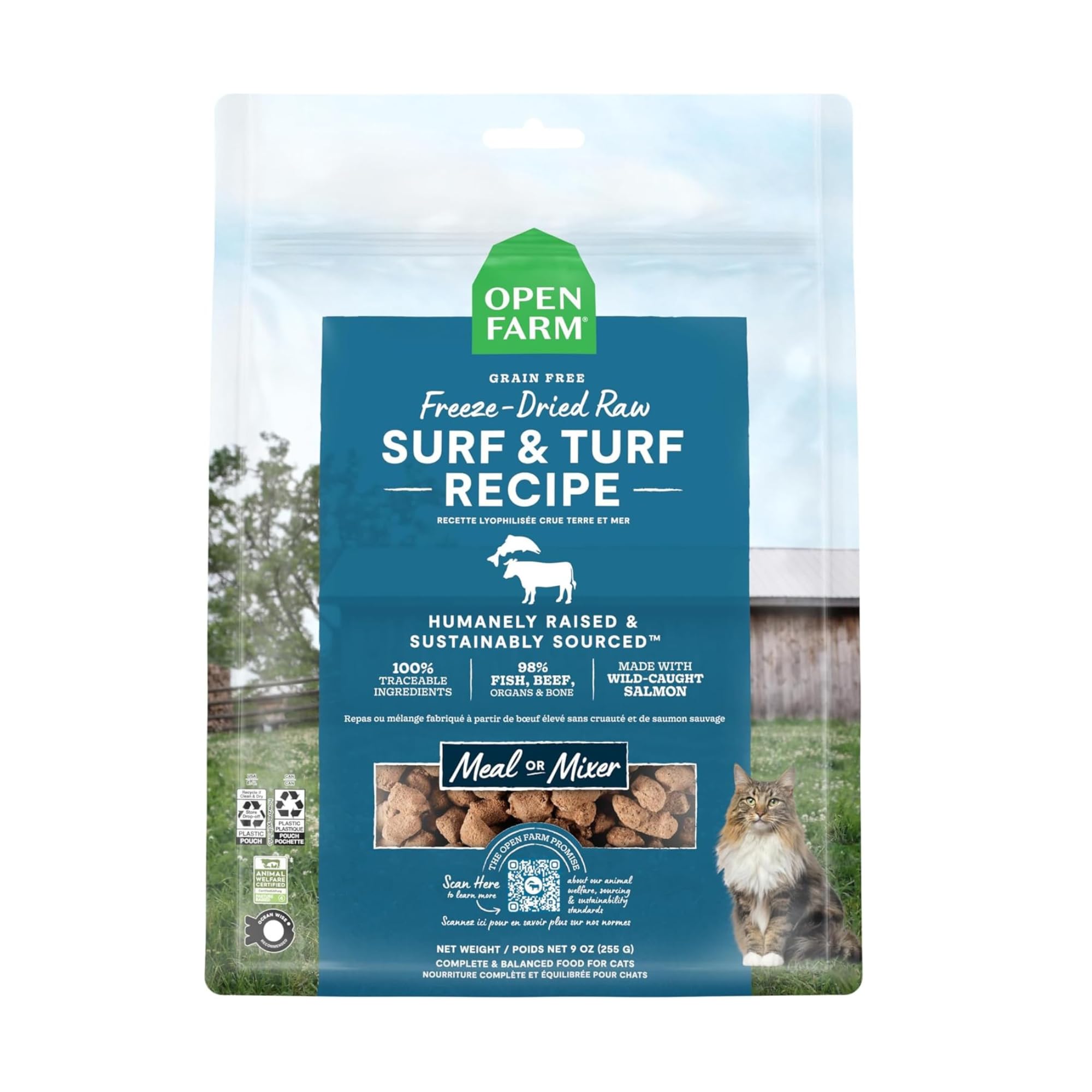 Open Farm Mar y Tierra, bolsa de 9 oz, alimento crudo liofilizado para gato.