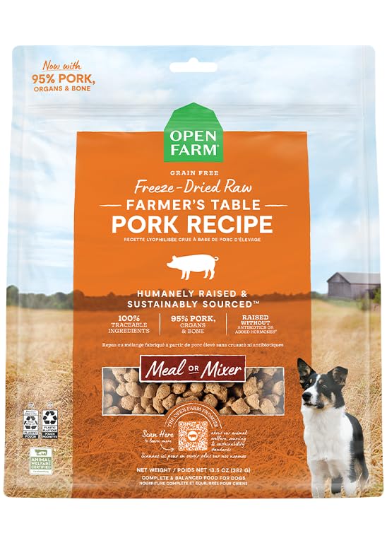 Open Farm mordiscos crudos deshidratados de cerdo, proteína alta para perros activos