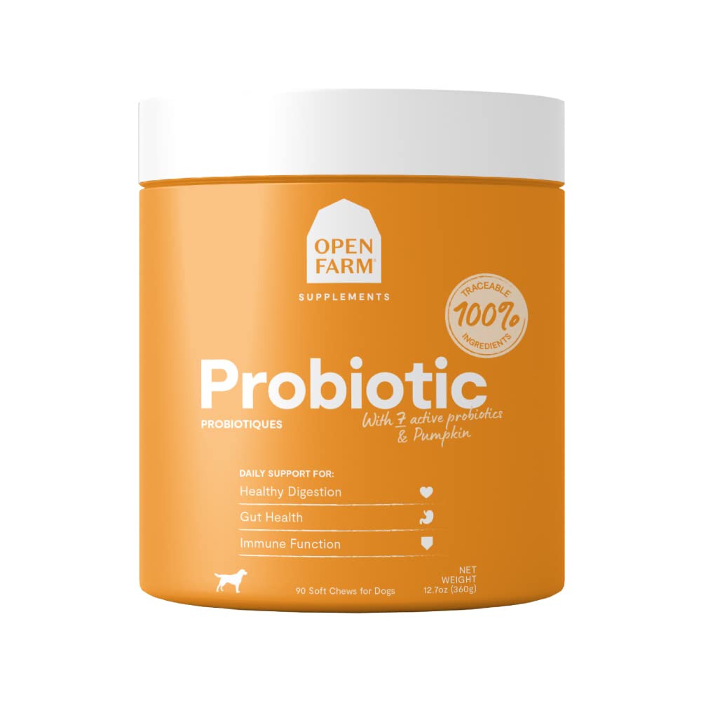 Open Farm envase vista: masticables probióticos para apoyar la digestión del perro.
