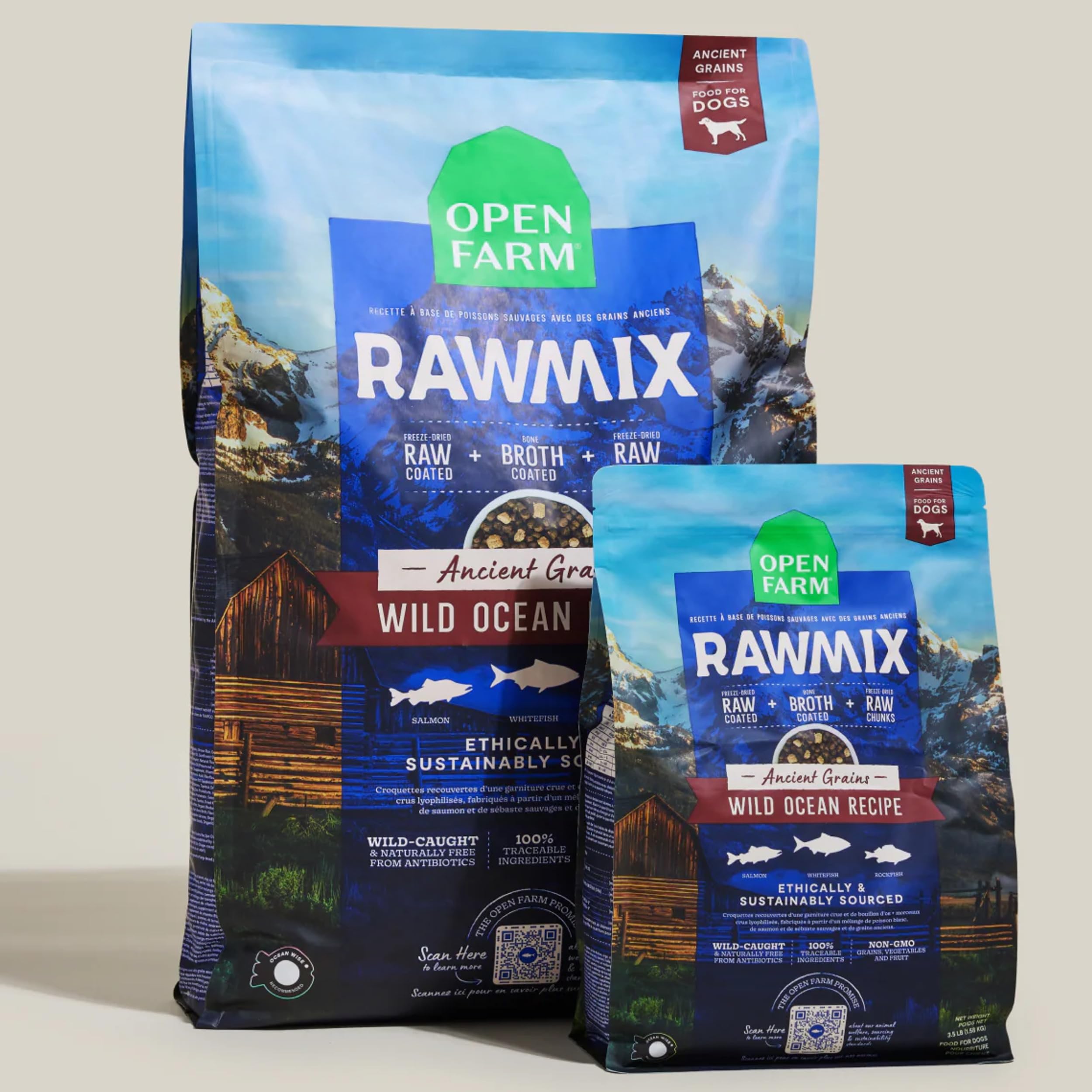 Open Farm RawMix bolsa de 9,1 kg para perros activos.
