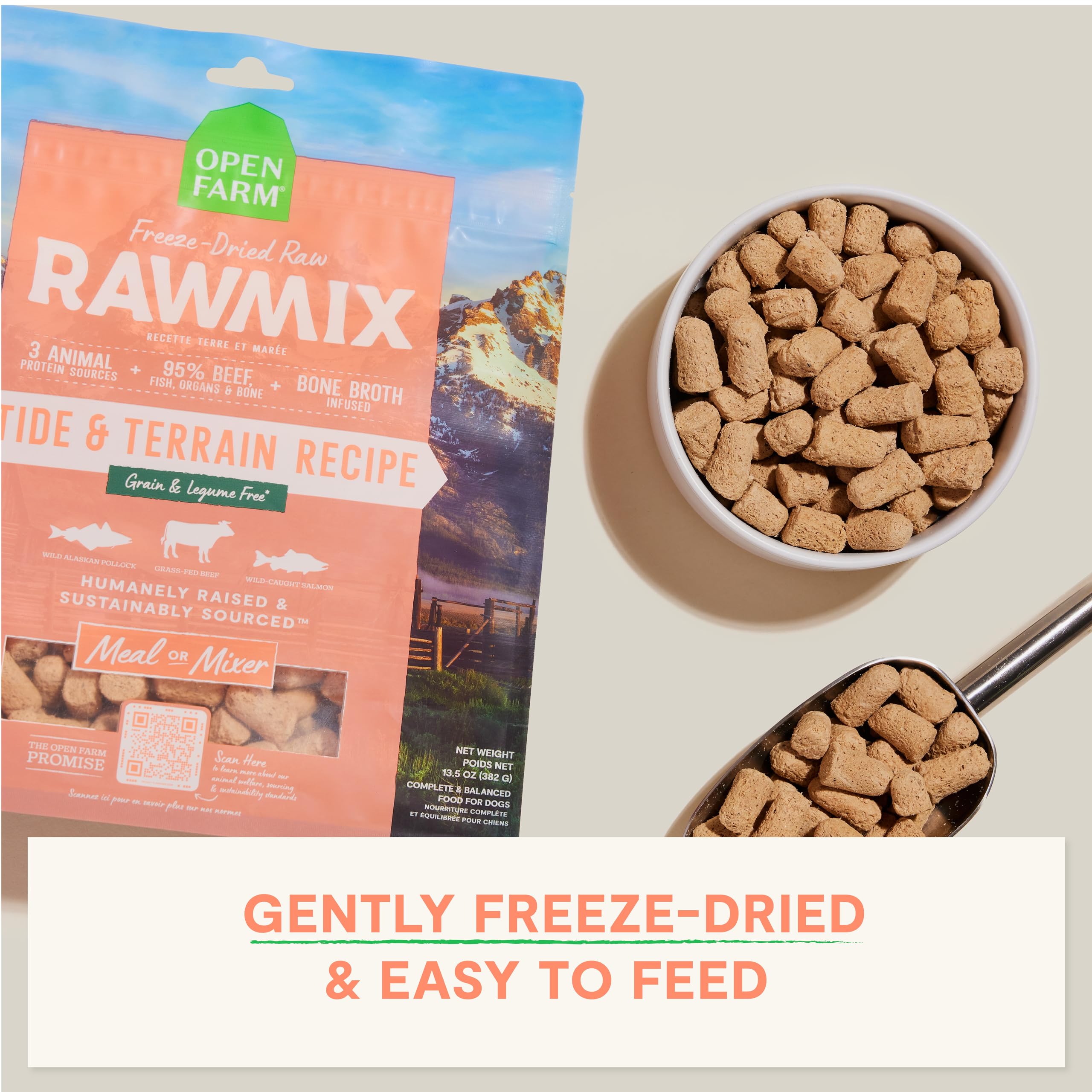 Open Farm RawMix liofilizados ingredientes clave detalle: carne real y órganos para sabor natural.