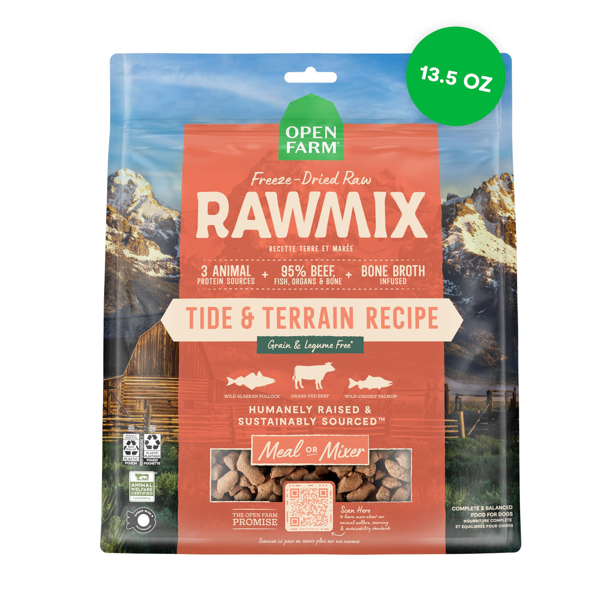 Open Farm RawMix liofilizados mordiscos empaque frontal: nutrición conveniente para la hora de comer.