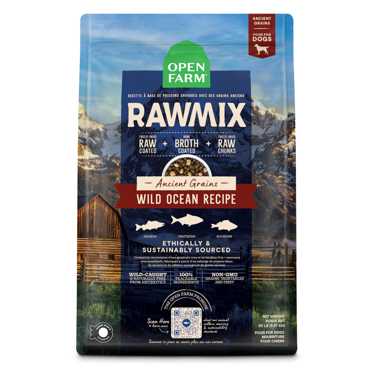 Open Farm RawMix croquetas con granos antiguos para una nutrición equilibrada.