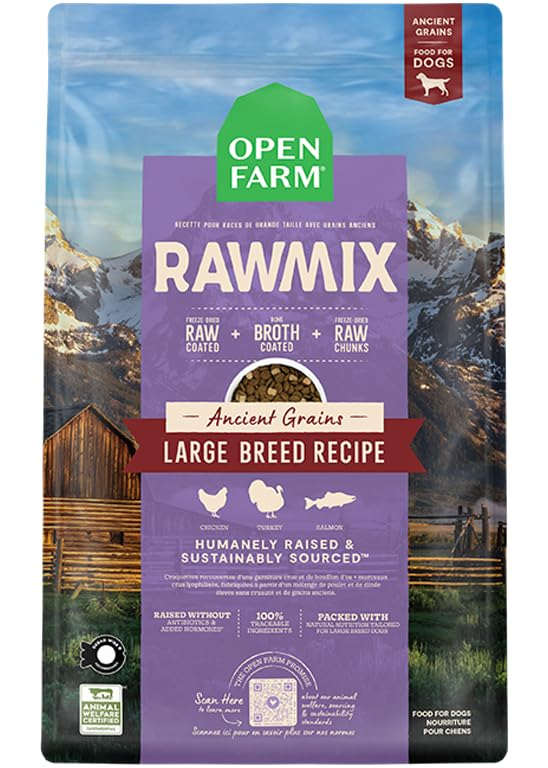 Open Farm RawMix alimento seco para perros grandes en bolsa de 20 lb, fácil almacenamiento.