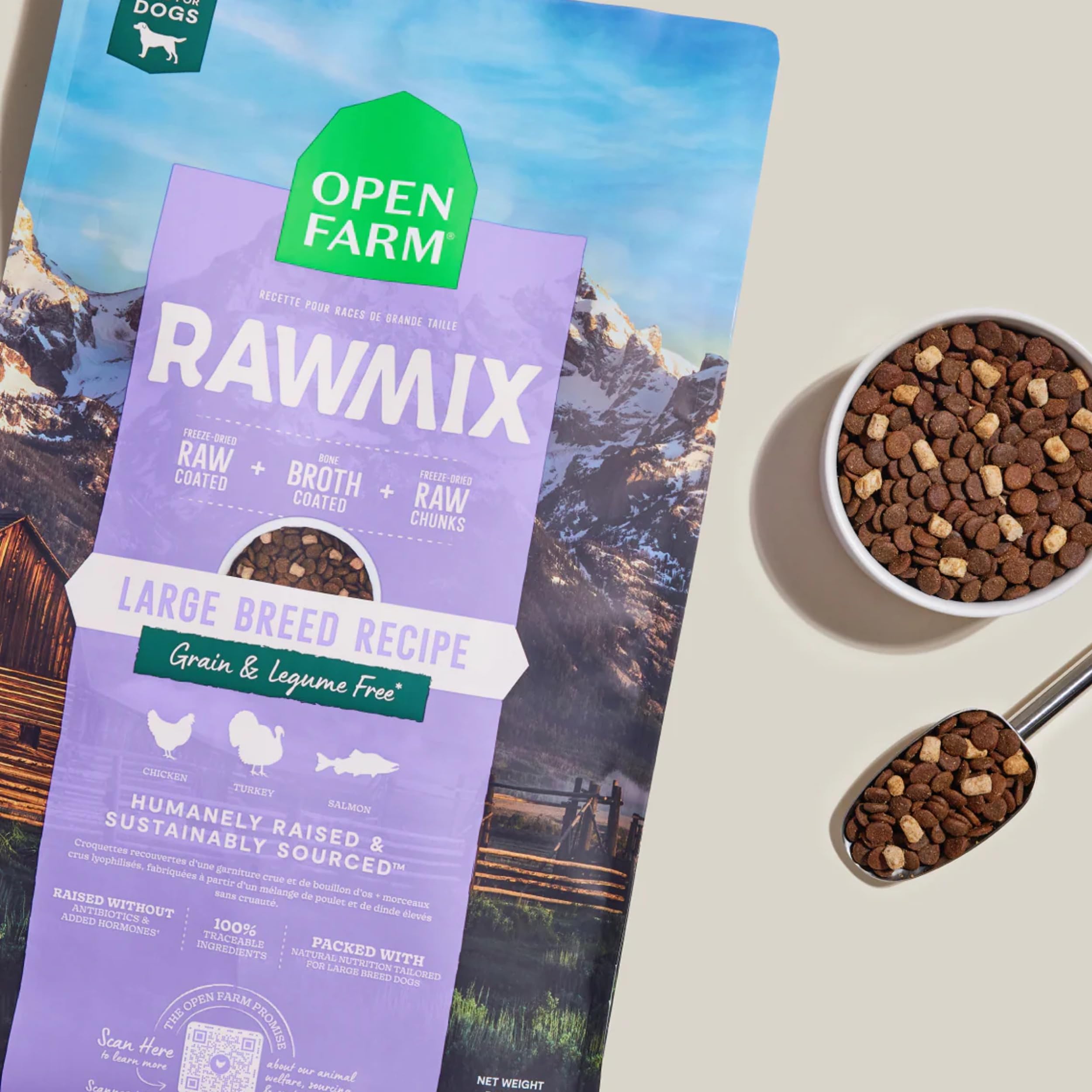 Open Farm RawMix trozos crudos congelados de pollo para perros grandes, sabor atractivo.