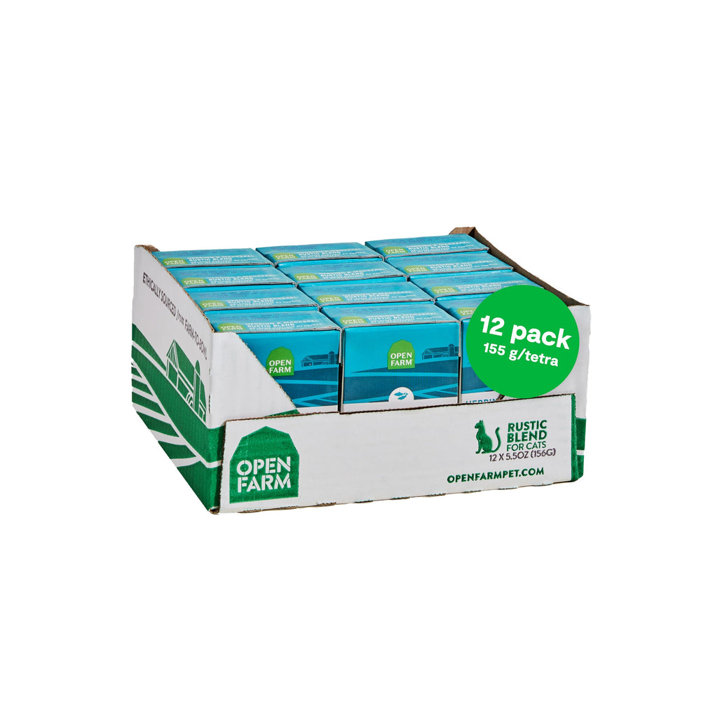 Open Farm Rustic Blend arenque y caballa, sabroso alimento húmedo para hidratar y nutrir.