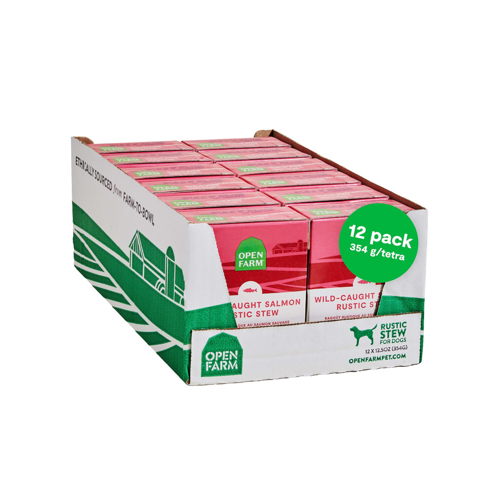 Open Farm Rustic Stews en bol con salmón salvaje, ideal para dieta equilibrada.