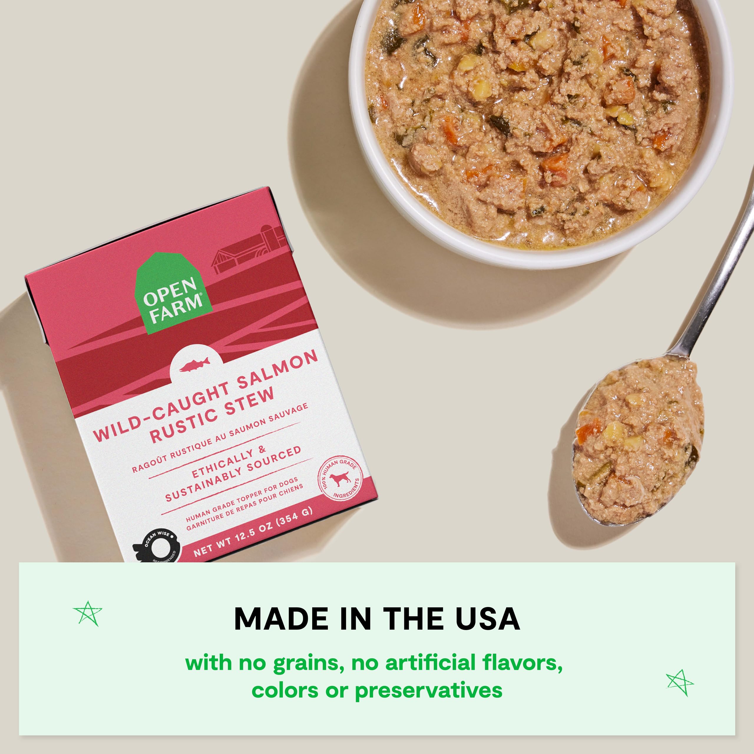 Open Farm Rustic Stews salmón salvaje sin granos para perros activos.