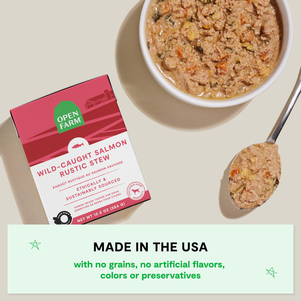 Open Farm Rustic Stews salmón salvaje sin granos para perros activos.