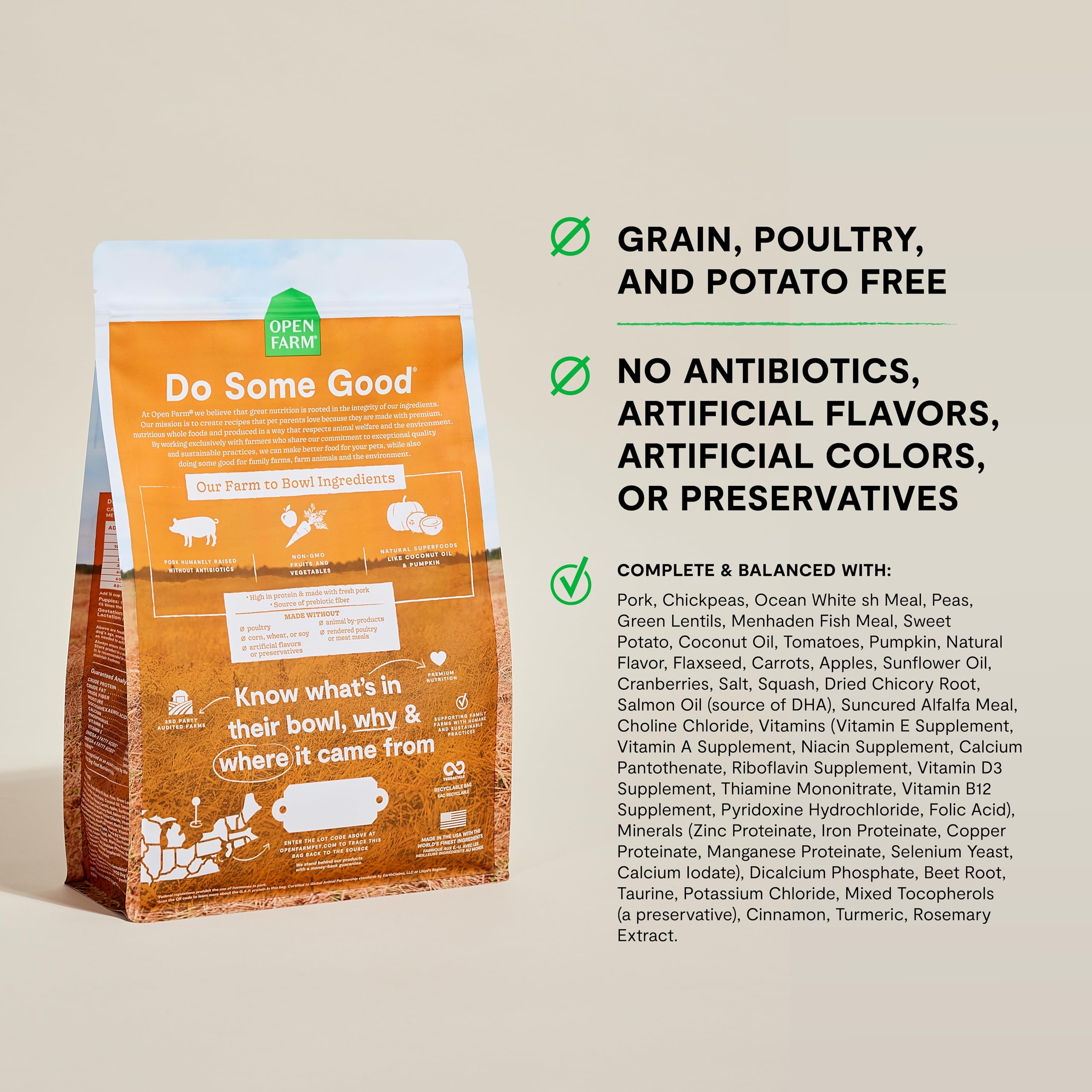 Open Farm, textura de croquetas, comida seca nutritiva para perros.