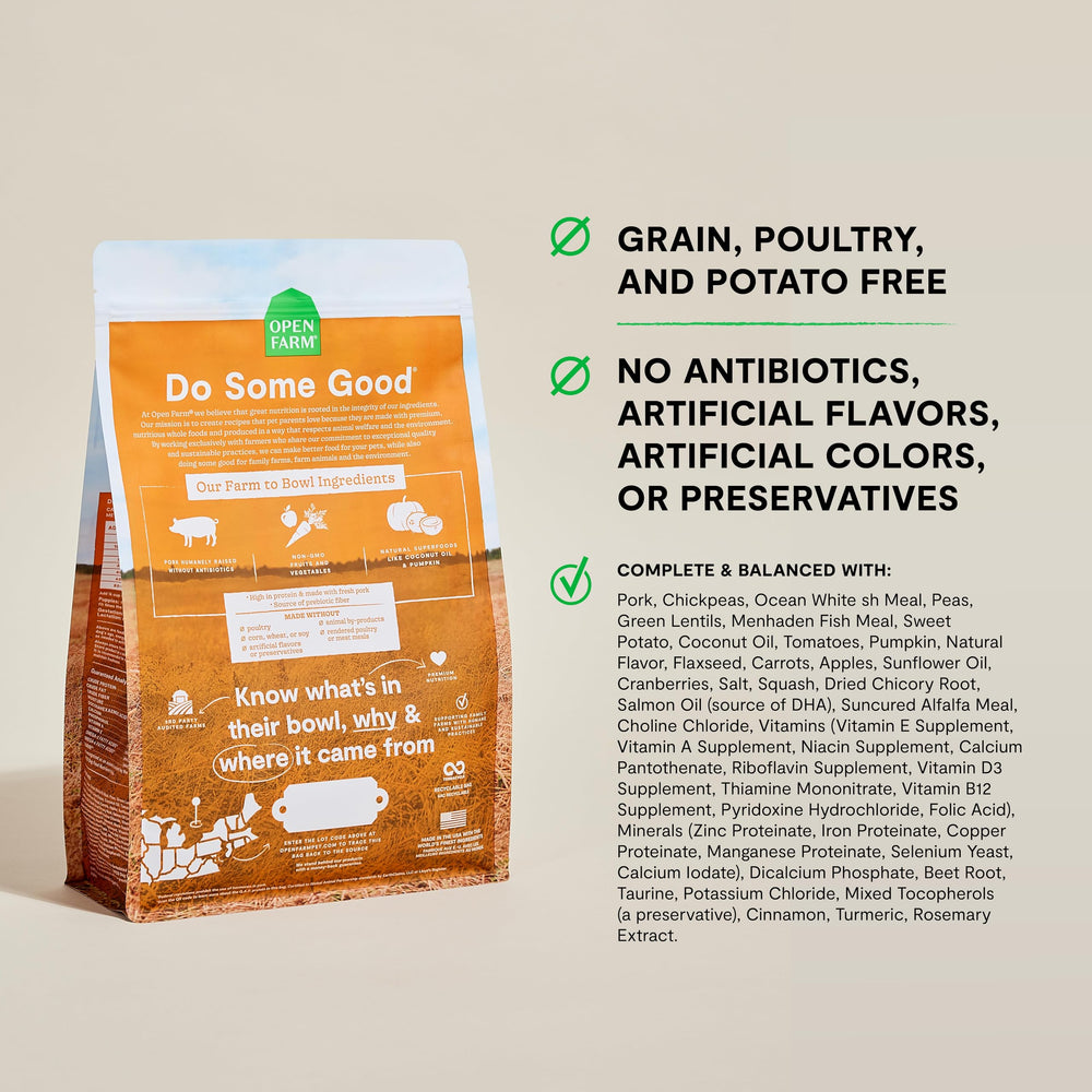 Open Farm, textura de croquetas, comida seca nutritiva para perros.