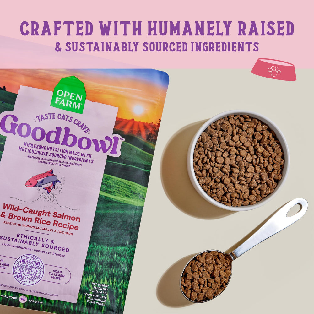 Open Farm Goodbowl favorece digestión saludable mediante fibra prebiótica y comestibles simples.