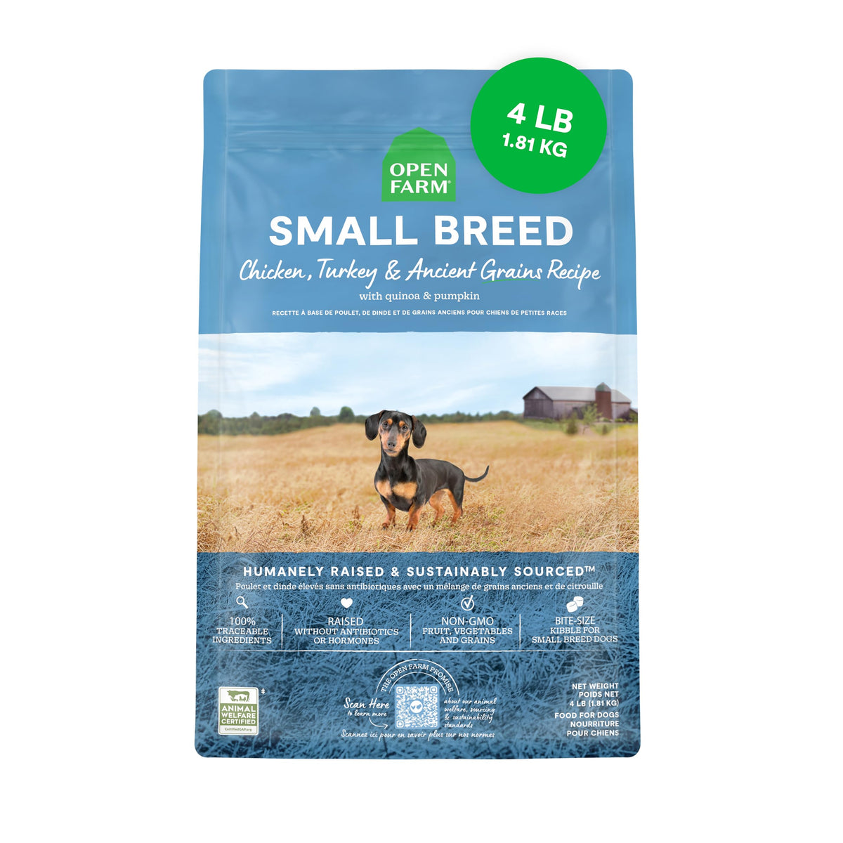 Open Farm grano antiguo para cachorros pequeños, bolsa de 4 libras, proteína alta.
