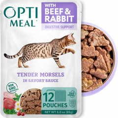 Optimeal en paquetes sin granos (tres-onzas) para alimentación diaria de gatos.