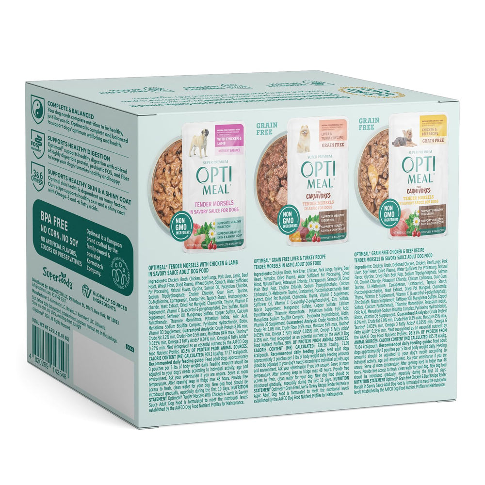 Optimeal trozos tiernos en gelatina para perros adultos activos.