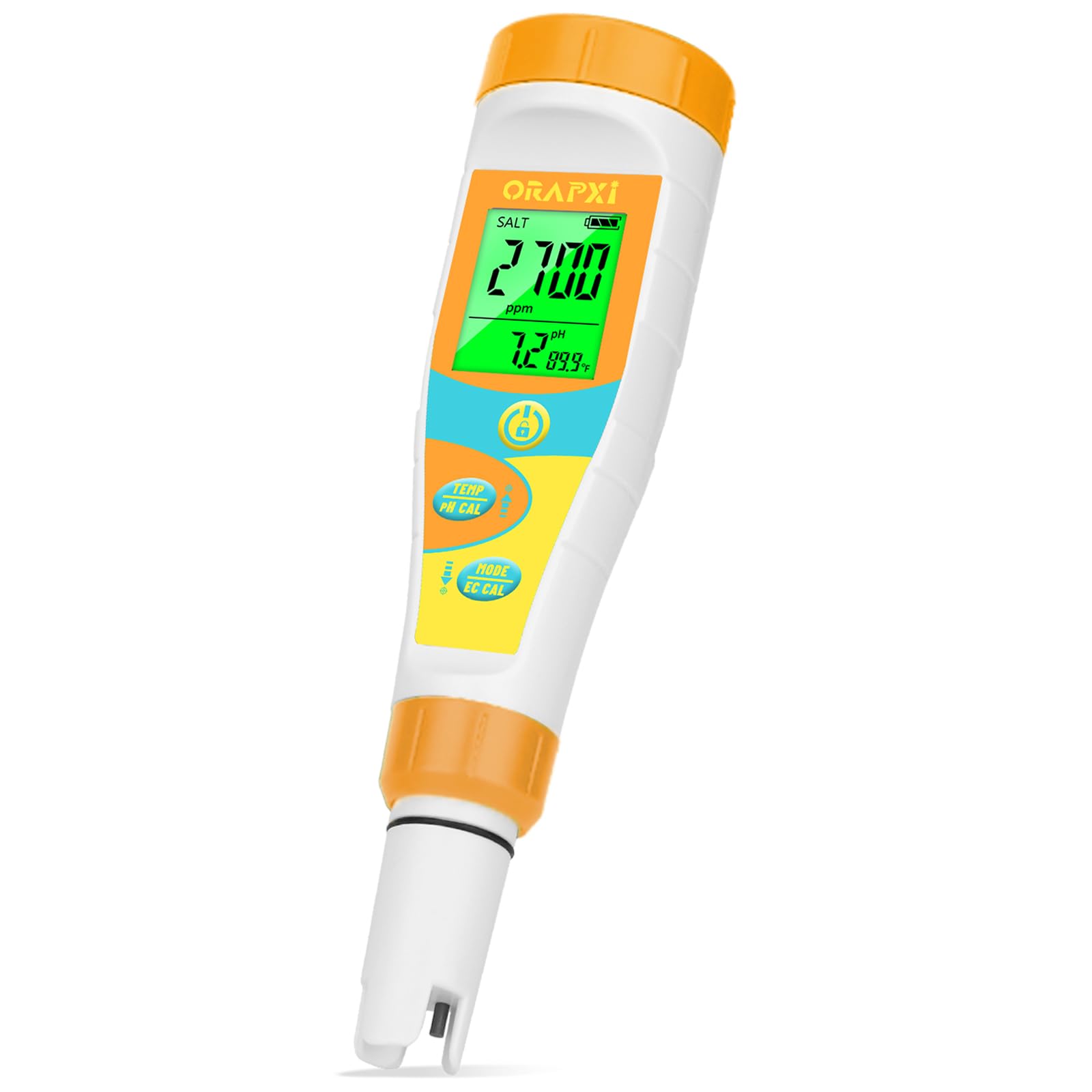 ORAPXI medidor de pH y salinidad con pantalla iluminada para lecturas claras.
