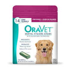 OraVet envase rosa con masticables para perro grande, mejora higiene bucal