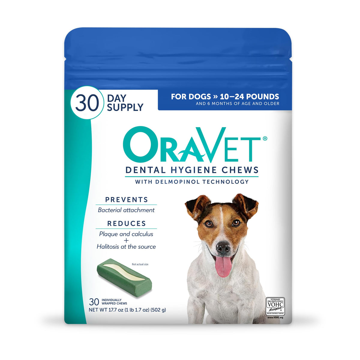 OraVet higiene dental para perros en bolsa azul, ideal para el cuidado diario.