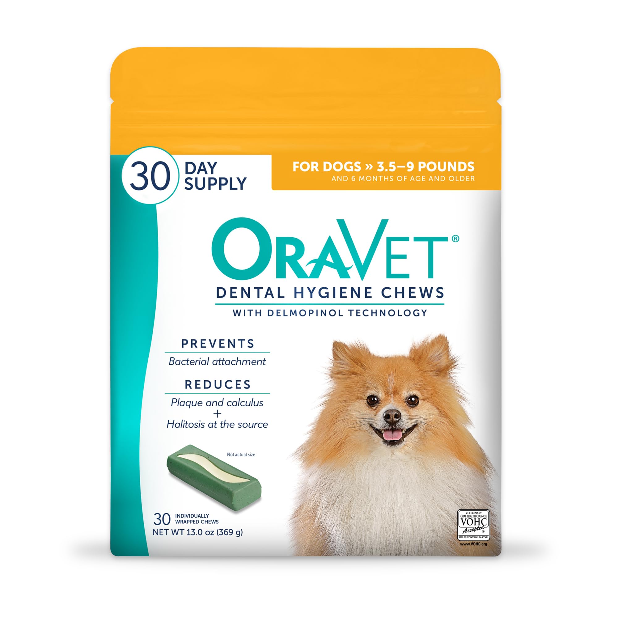 OraVet higiene dental para perros en bolsa amarilla facilita la rutina diaria de cuidado oral.