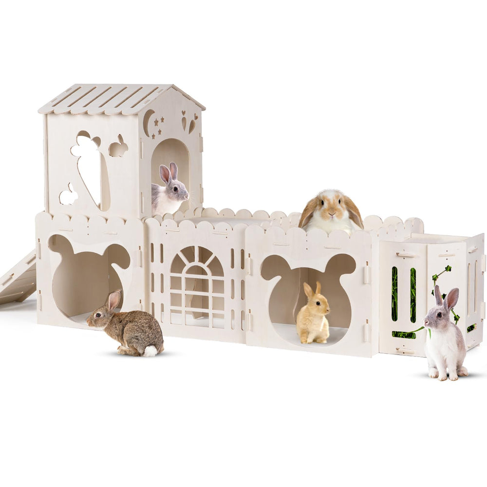 Orekemo casa para conejos extra grande con 4 casitas interconectadas para juego seguro