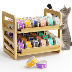 Organizador rodante de latas para gato de bambú, vista superior, facilita acceso rápido.