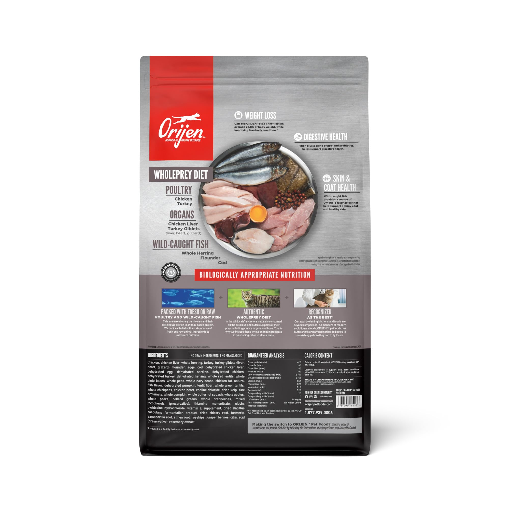 ORIJEN alimento para gatos sin granos con alto contenido de proteína animal.