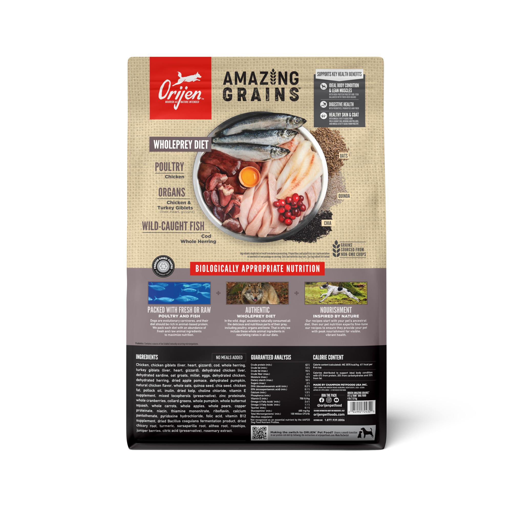 ORIJEN Amazing Grains ingredientes-pollo-pescado-entero para nutrición de calidad