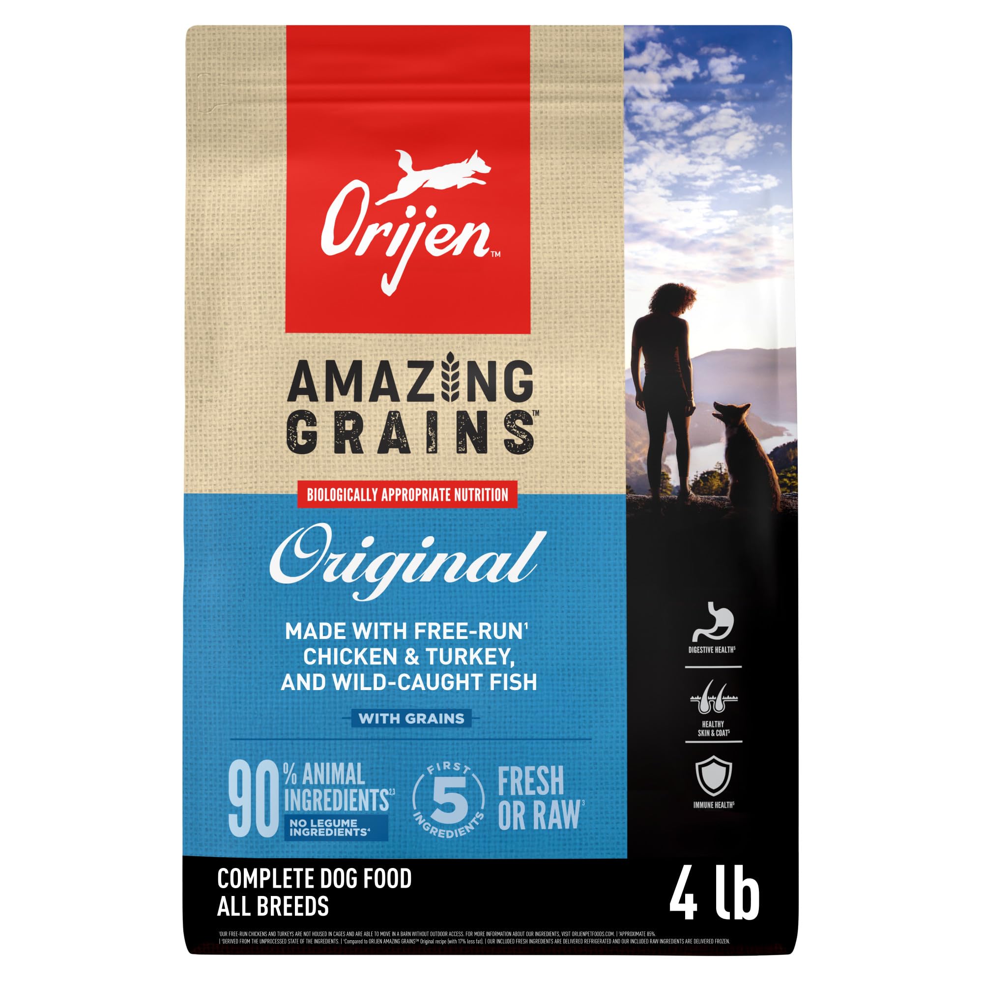 ORIJEN Amazing Grains Original, bolsa de 4 lb, proteína alta para perros activos