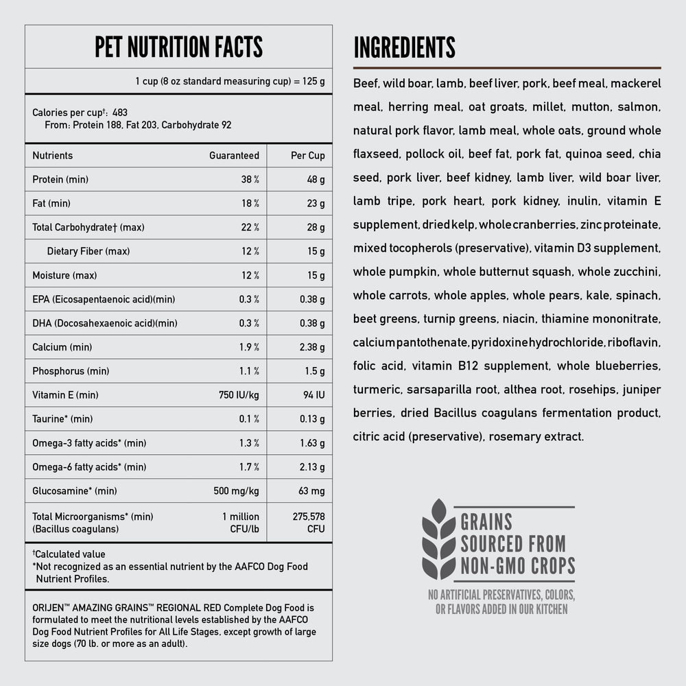 ORIJEN Amazing Grains Regional Red, probióticos y prebióticos para salud intestinal