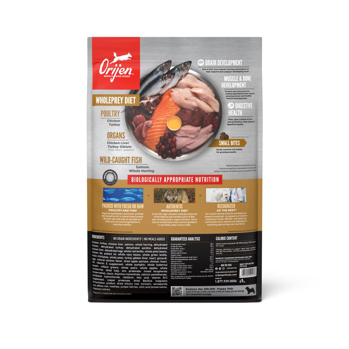 ORIJEN croquetas de alta proteína para cachorros, sabor atractivo.