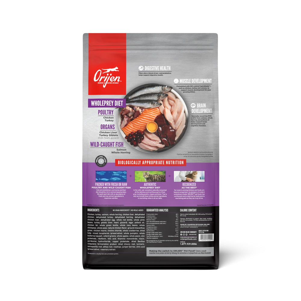 ORIJEN croquetas de alta proteína para gatitos, sabor y textura atractiva.