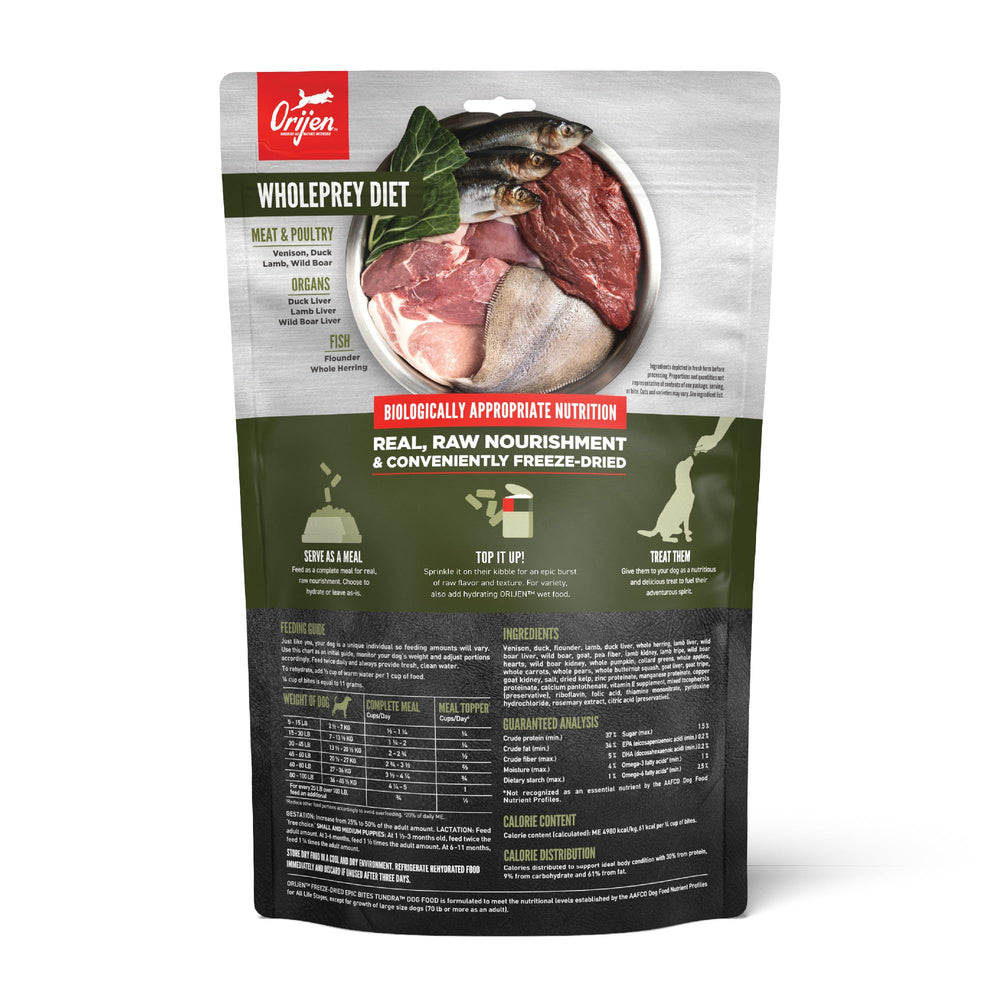 ORIJEN Epic Bites Tundra, ingredientes crudos destacados para sabor.