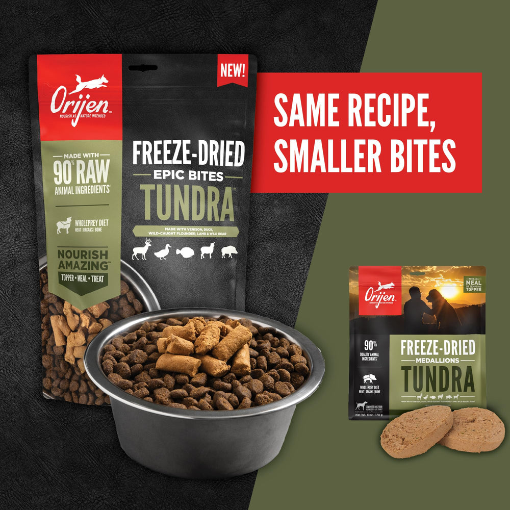 ORIJEN Epic Bites Tundra, mezcla de carnes para experiencia de sabor completa.