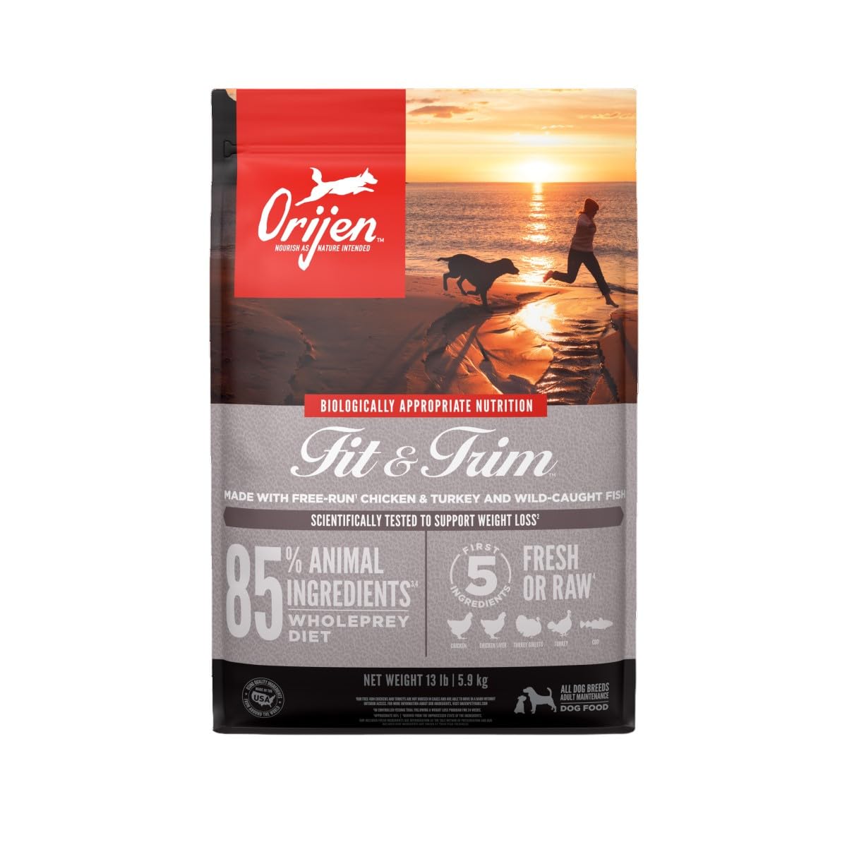 ORIJEN Fit & Trim, bolsa de 13 libras, ideal para apoyar músculos magros en perros activos.