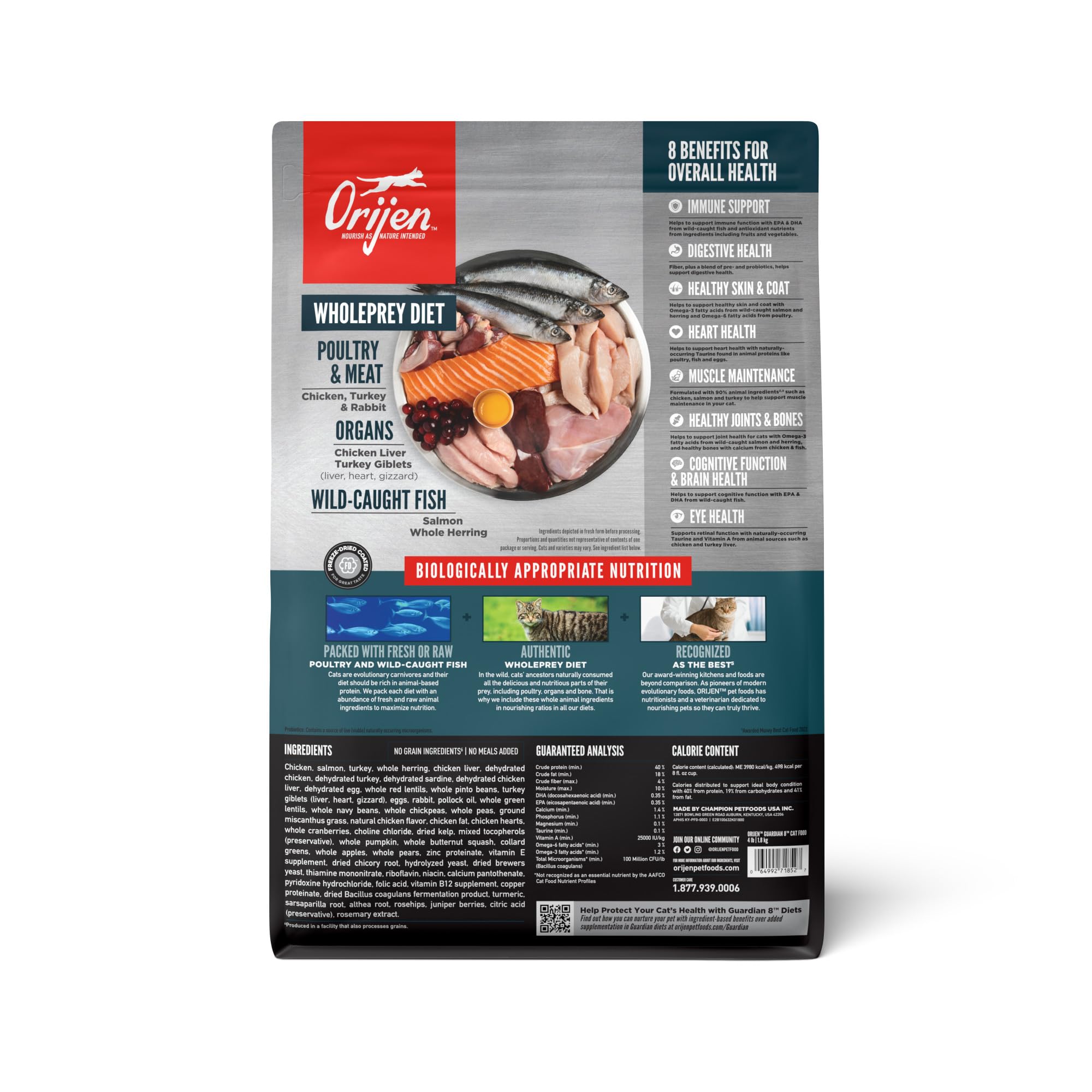 ORIJEN Guardian 8, ingredientes frescos y crudos, promueve salud general en gatos.