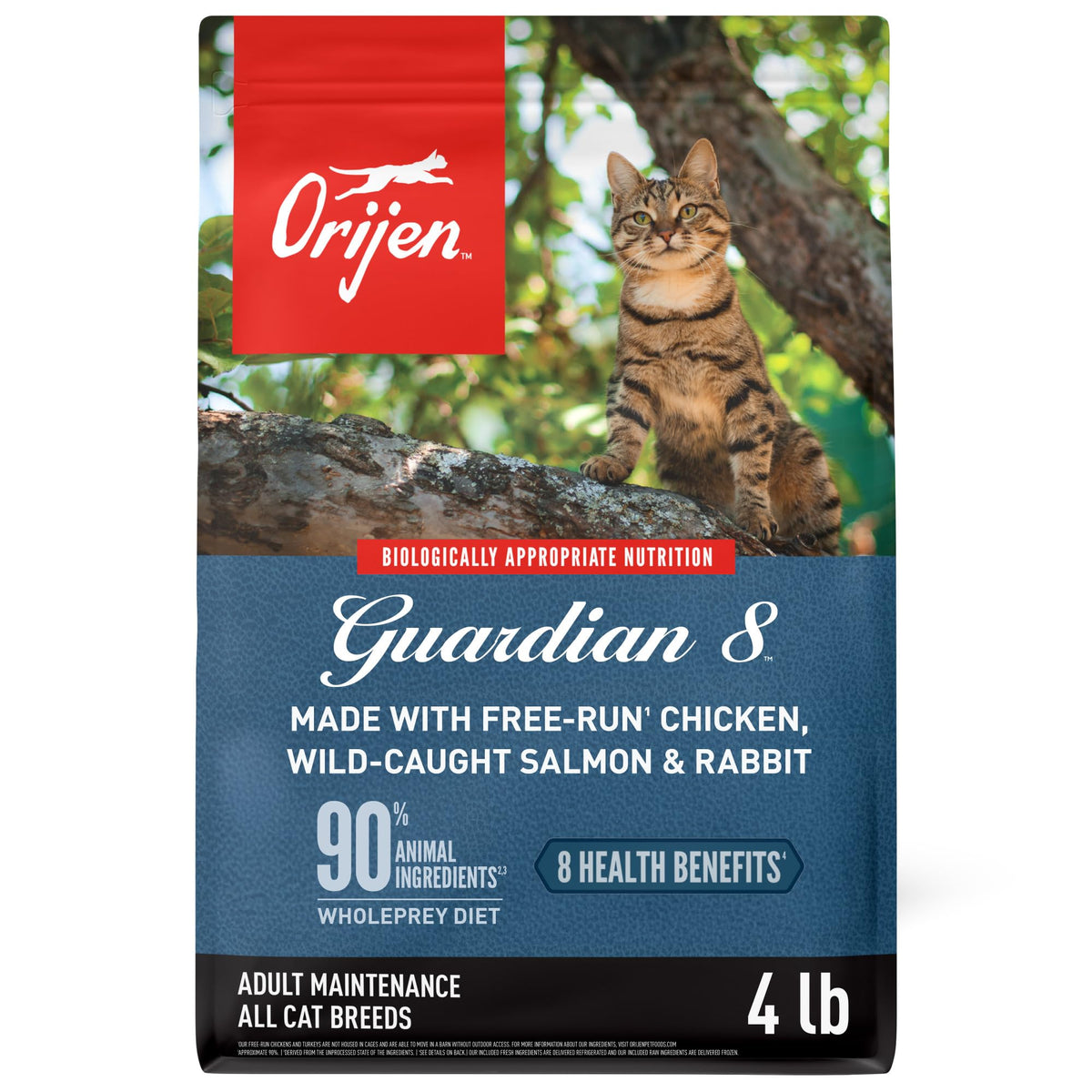 ORIJEN Guardian 8 sin granos, bolsa 4 libras, apoya dieta proteica para gatos senior.