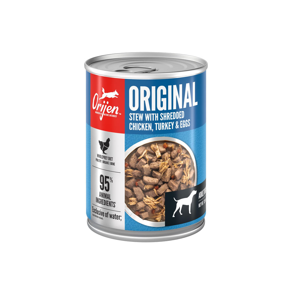 ORIJEN lata Estofado Original en cuenco para mayor hidratación.