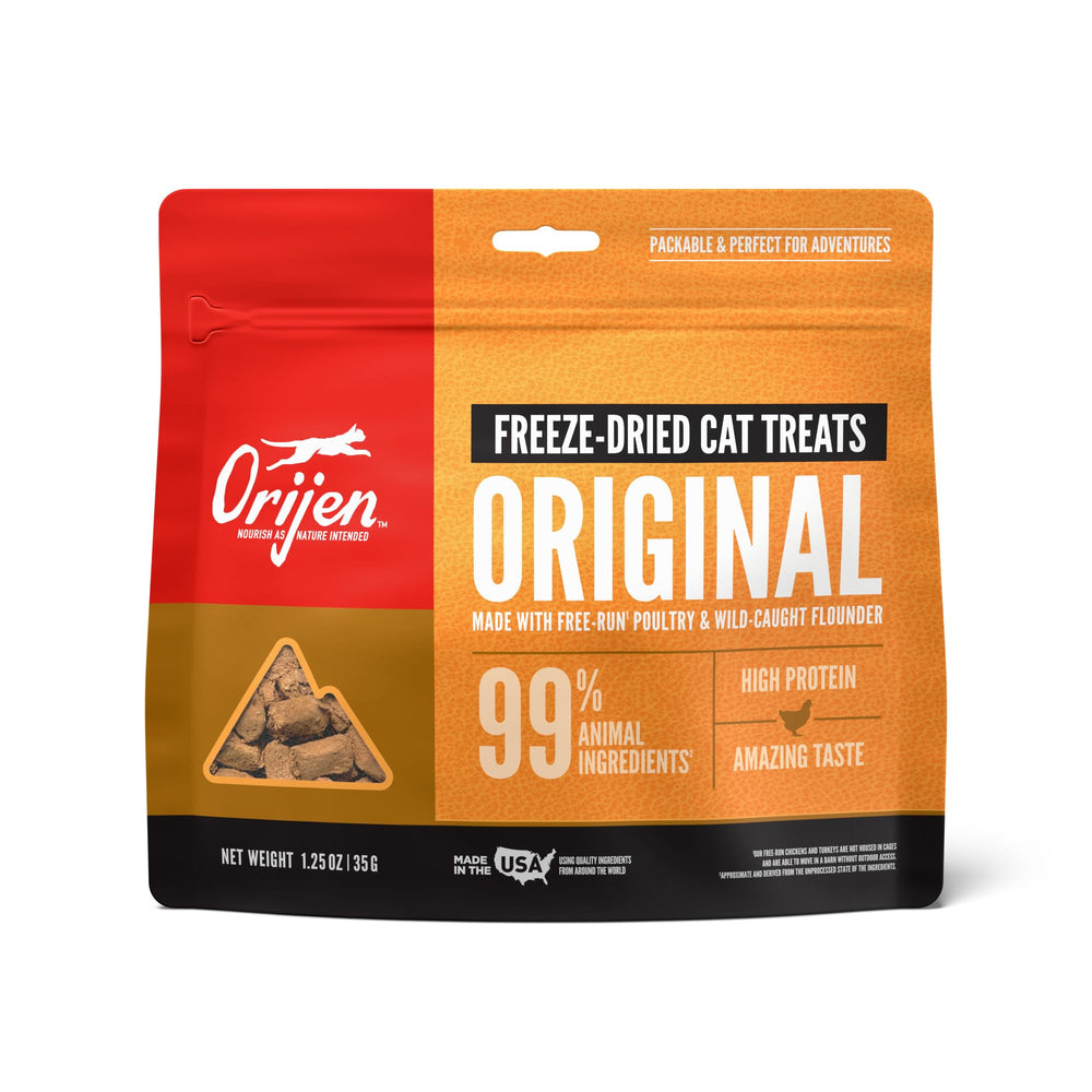 Premios ORIJEN Original para gato en bolsa de 1,25 onzas, ideal para entrenamiento.