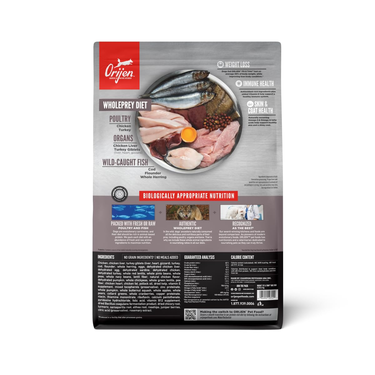 ORIJEN primeros ingredientes frescos: pollo y pescado para proteína de calidad.