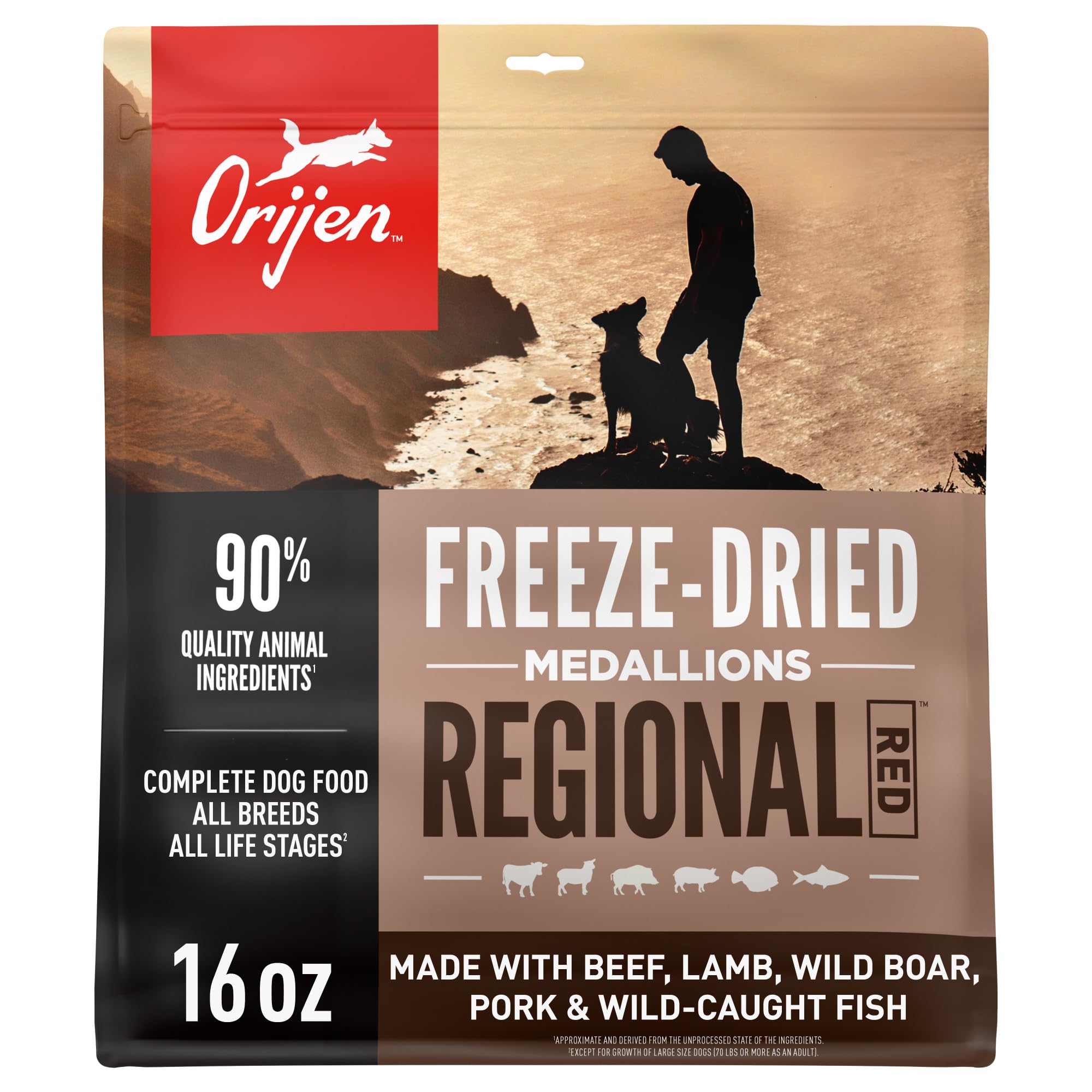 ORIJEN Regional Red, envase 16 oz con medallones deshidratados para perros.
