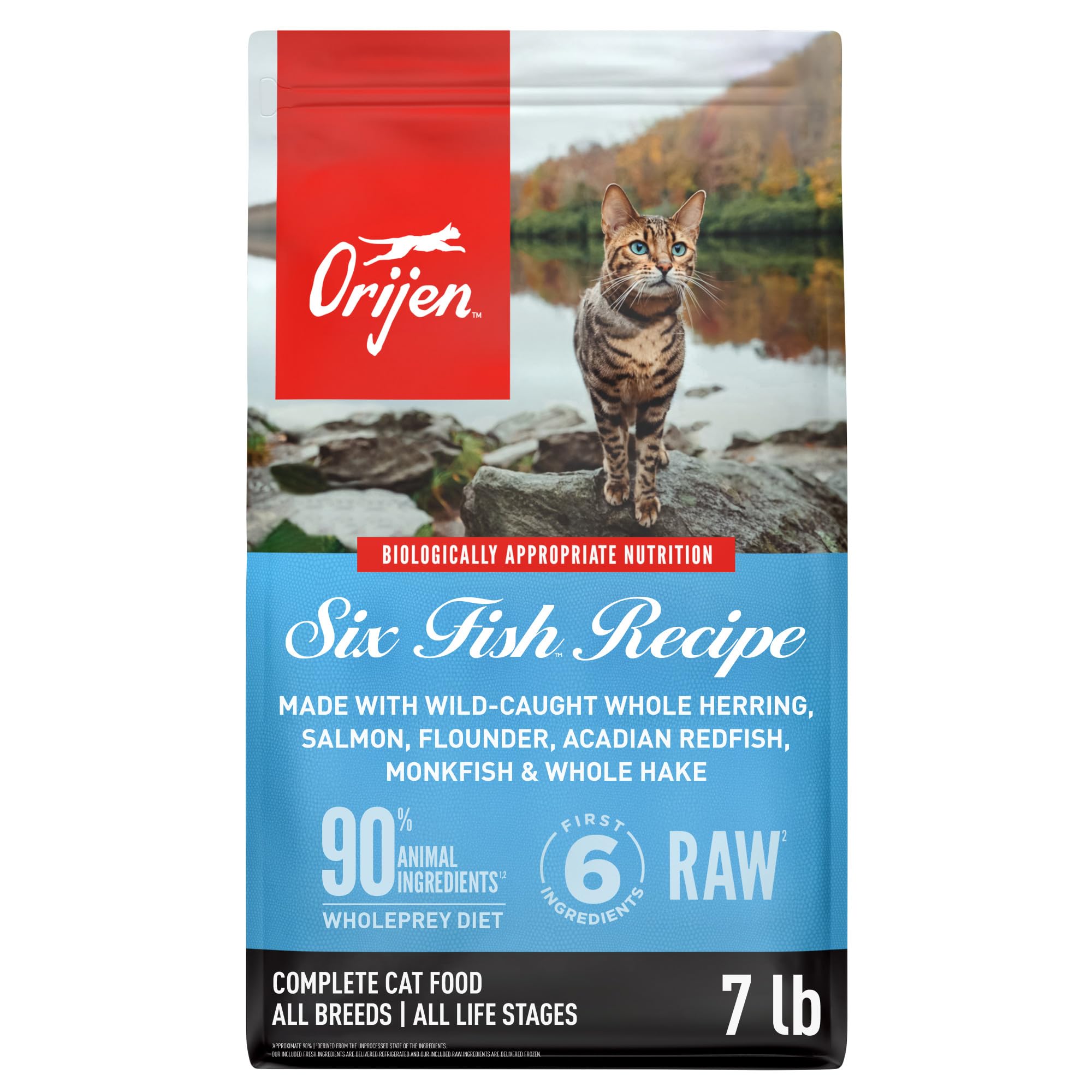 ORIJEN Seis Pescados en bolsa de 7 libras, croquetas sin grano para gatos activos.