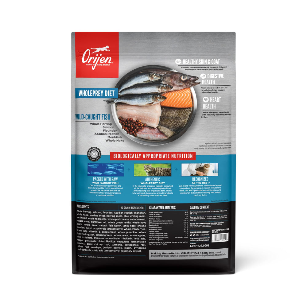 ORIJEN Seis Pescados, ingredientes crudos principales para dieta inspirada en la naturaleza.
