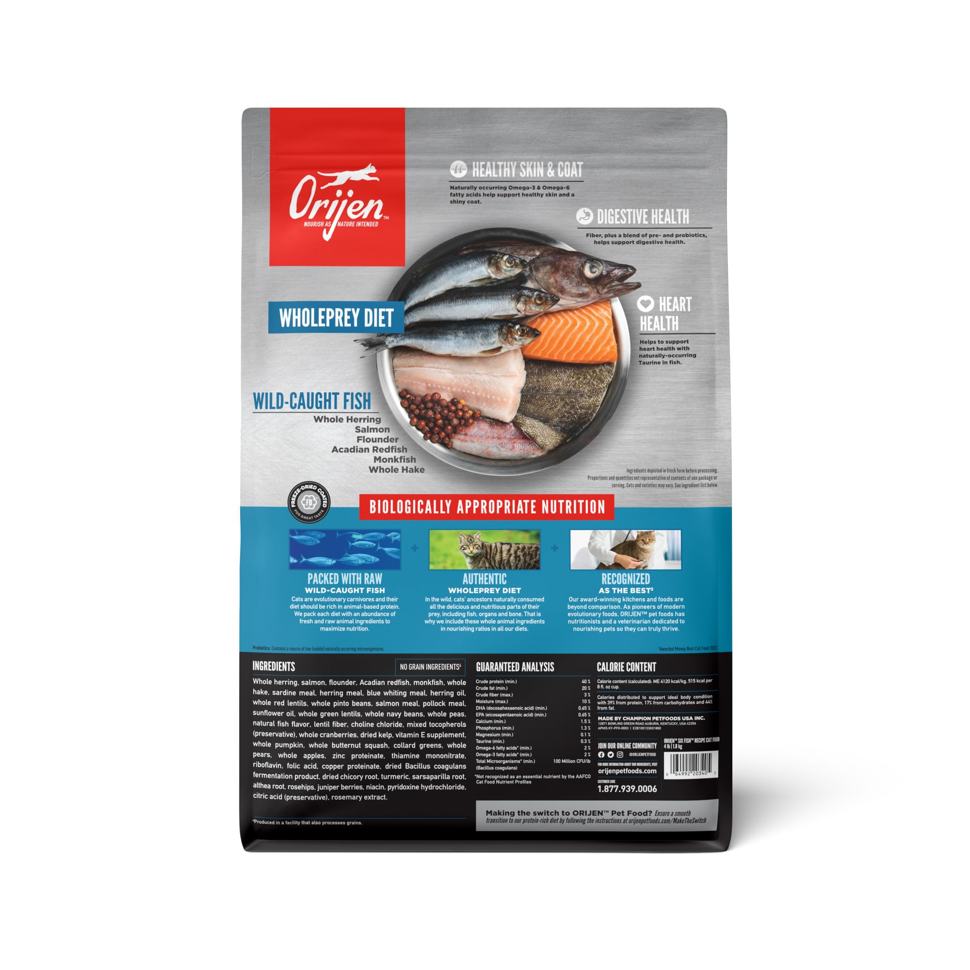 ORIJEN Seis Pescados: primeros ingredientes crudos, proteína de alta calidad.