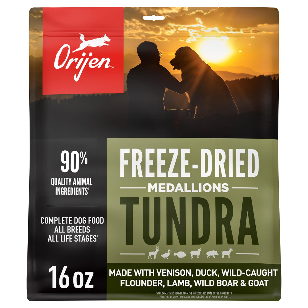 ORIJEN TUNDRA medallones deshidratados, alto contenido proteico para perros activos.