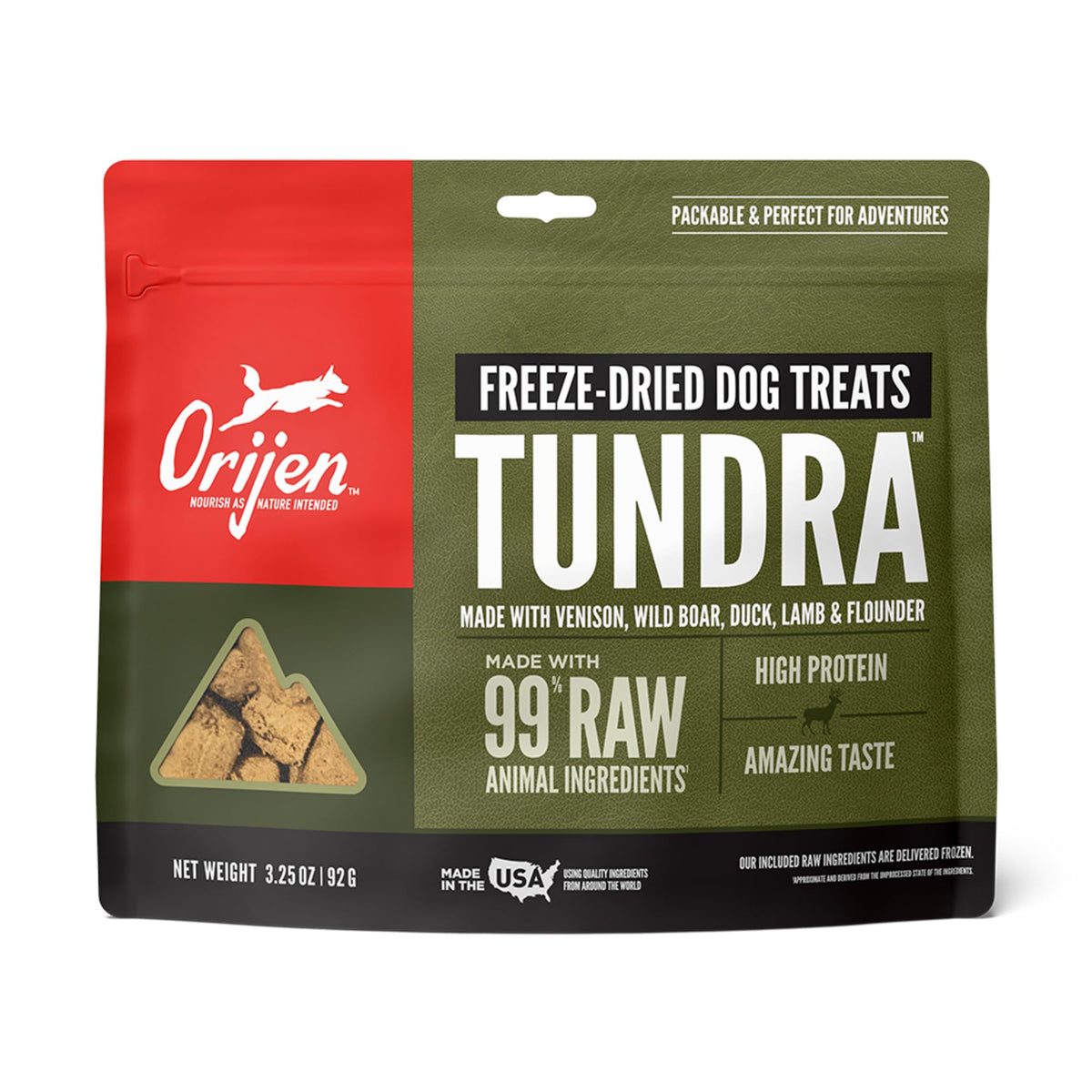 ORIJEN TUNDRA: premio crujiente en bolsa de 3.25 oz para aventuras.