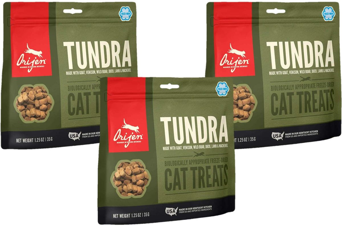 ORIJEN TUNDRA: empaque frontal, snack natural para gatos rico en proteína.