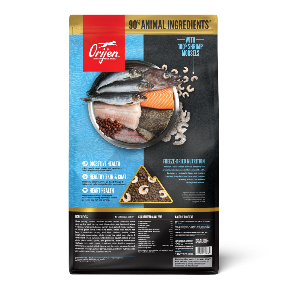 ORIJEN Wild Reserve con ingredientes WholePrey, pescado entero y órganos.