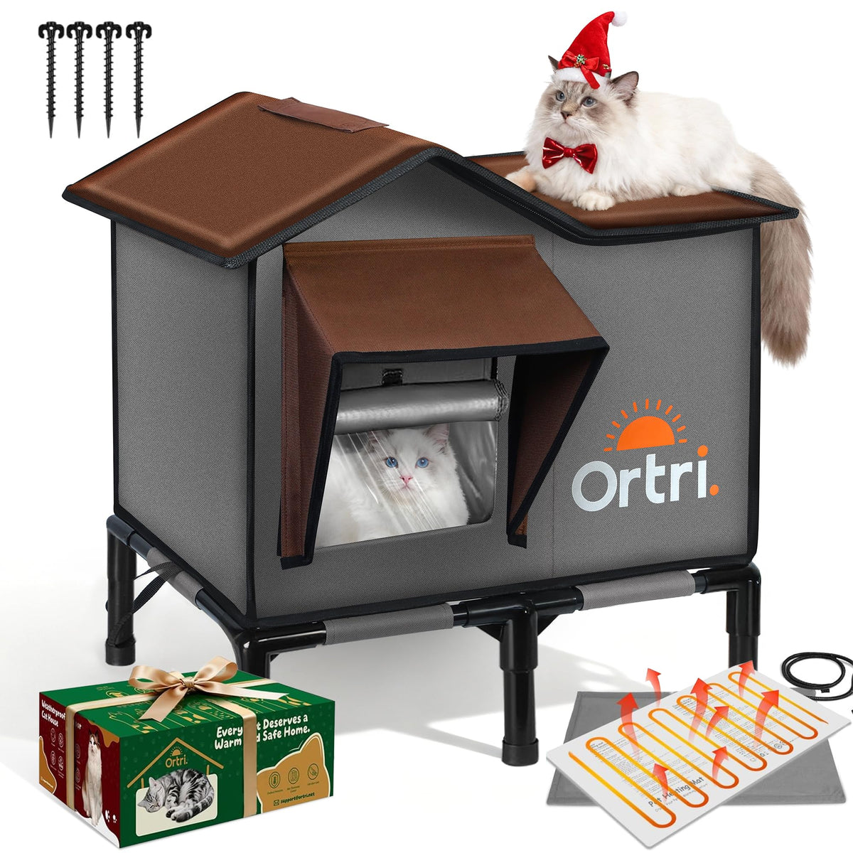 Ortri casa-gato-caliente exterior con tela impermeable para climas fríos.